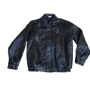 Patchwork Black Leather Men's Bomber Lined Jacket XXL Collared Pockets Vtg Zip